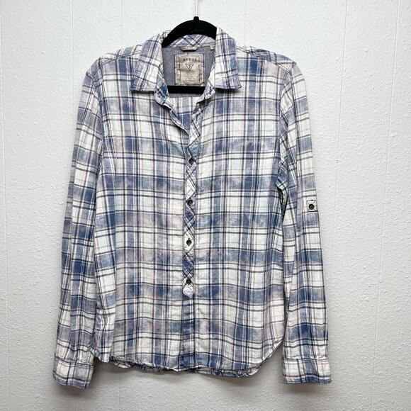Guess Men's Plaid Linen Blend Slim Shirt Medium Western Cowboy Rodeo Breathable - Picture 1 of 10